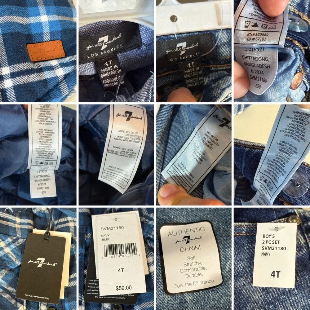 7 For All Mankind TODDLER 4T Blue Plaid Quilted Shacket Acid Wash Jeans‎ 2pc Set